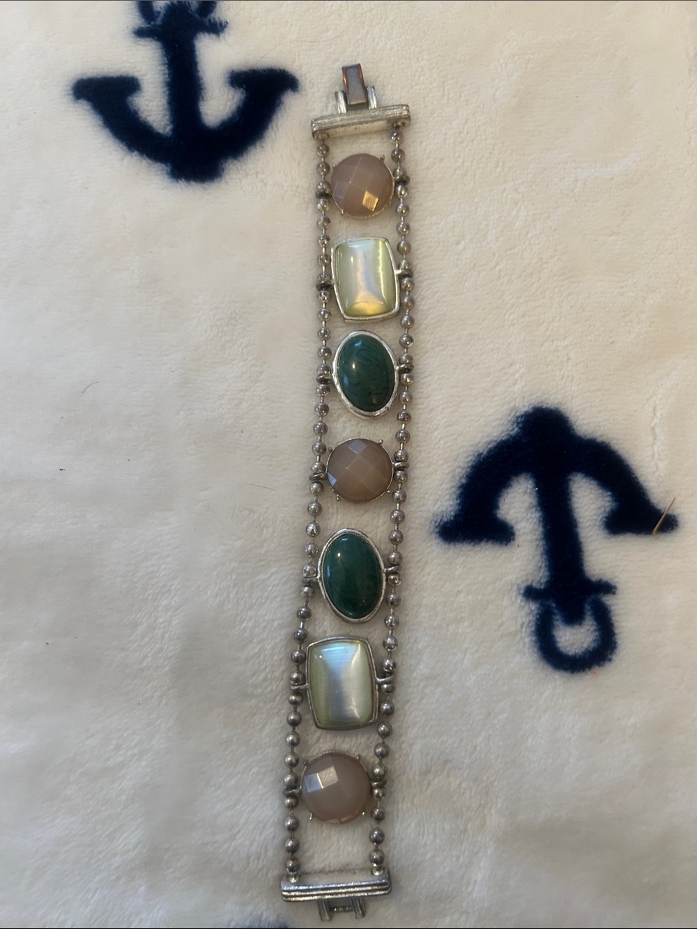 Silver-Tone Multi-Stone Bracelet with Green and Pearl Accents